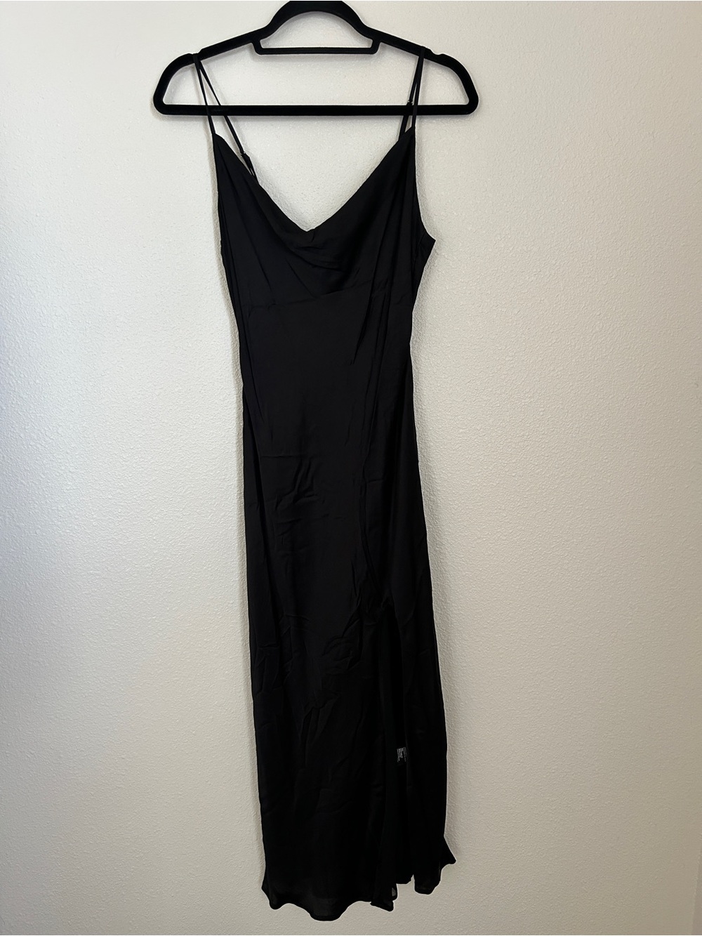 Bardot Classic Satin Black Slip Dress with Cowl Neck Slit 8